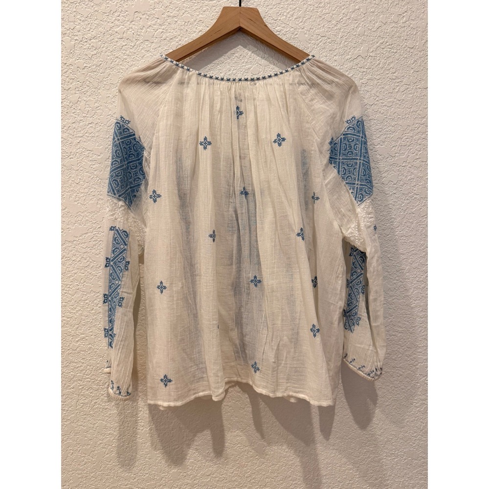 NEW Nili Lotan Bohemian Top White Blue Embroidered Cotton Tassel Blouse Medium - Picture 7 of 10
